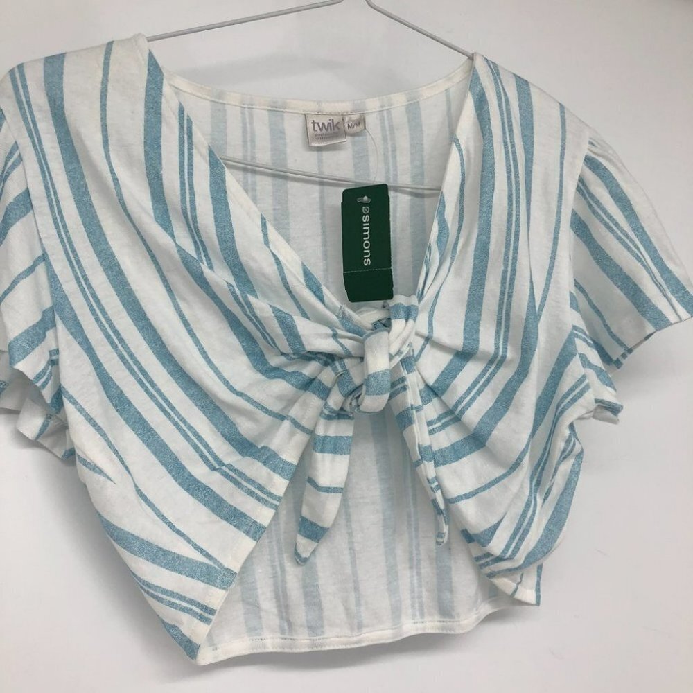 TWIK Simons blue white stripe tie front short sleeve crop top M - Picture 13 of 14